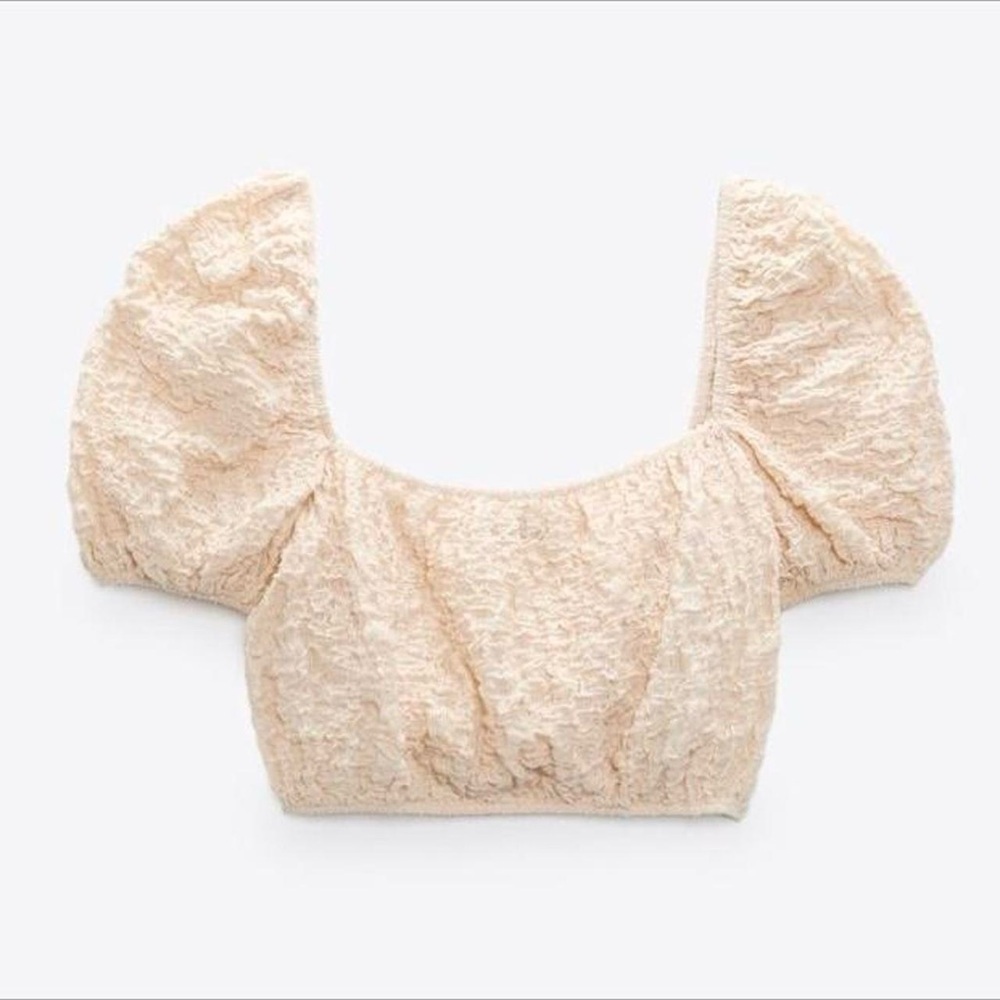 Zara Textured Puff Sleeve Smocked Crop Top Square Neck Cream Size Medium NWT